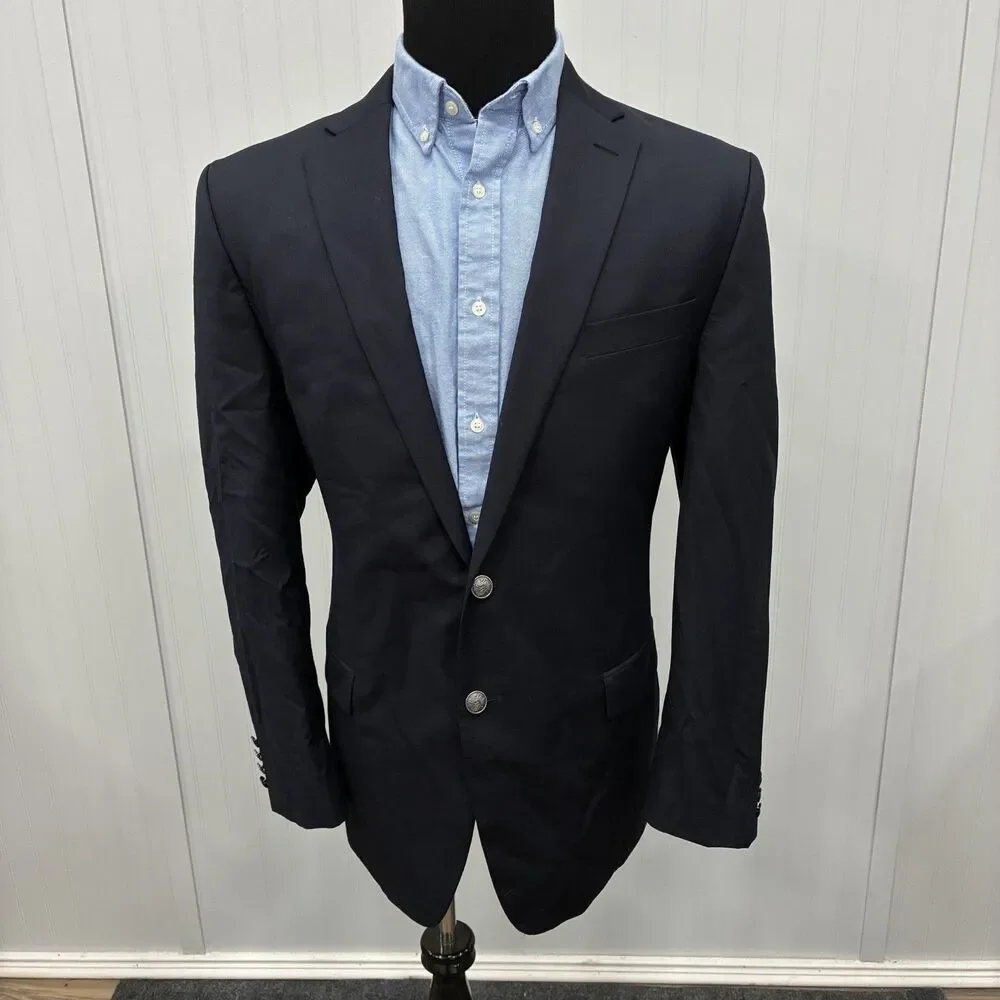 Michael Kors 44L Navy Blue Stretch Wool Metal 2-Button Single-Vent Blazer